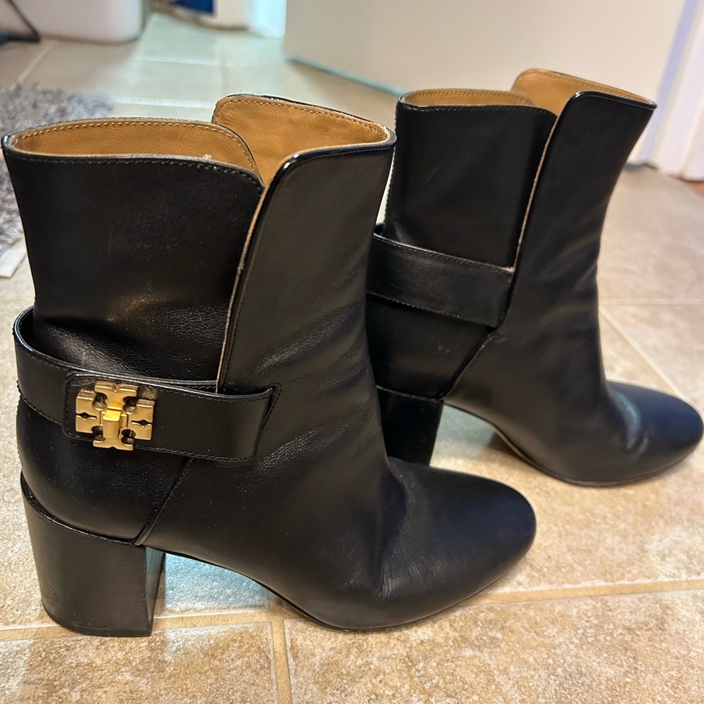 Tory Burch Black Ankle Booties with Gold Emblem